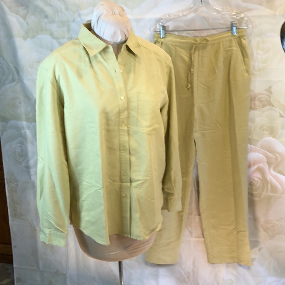 NWT Dana Gibson Leisure Pant Suit Button up Top Drawstring Waist Pants Large